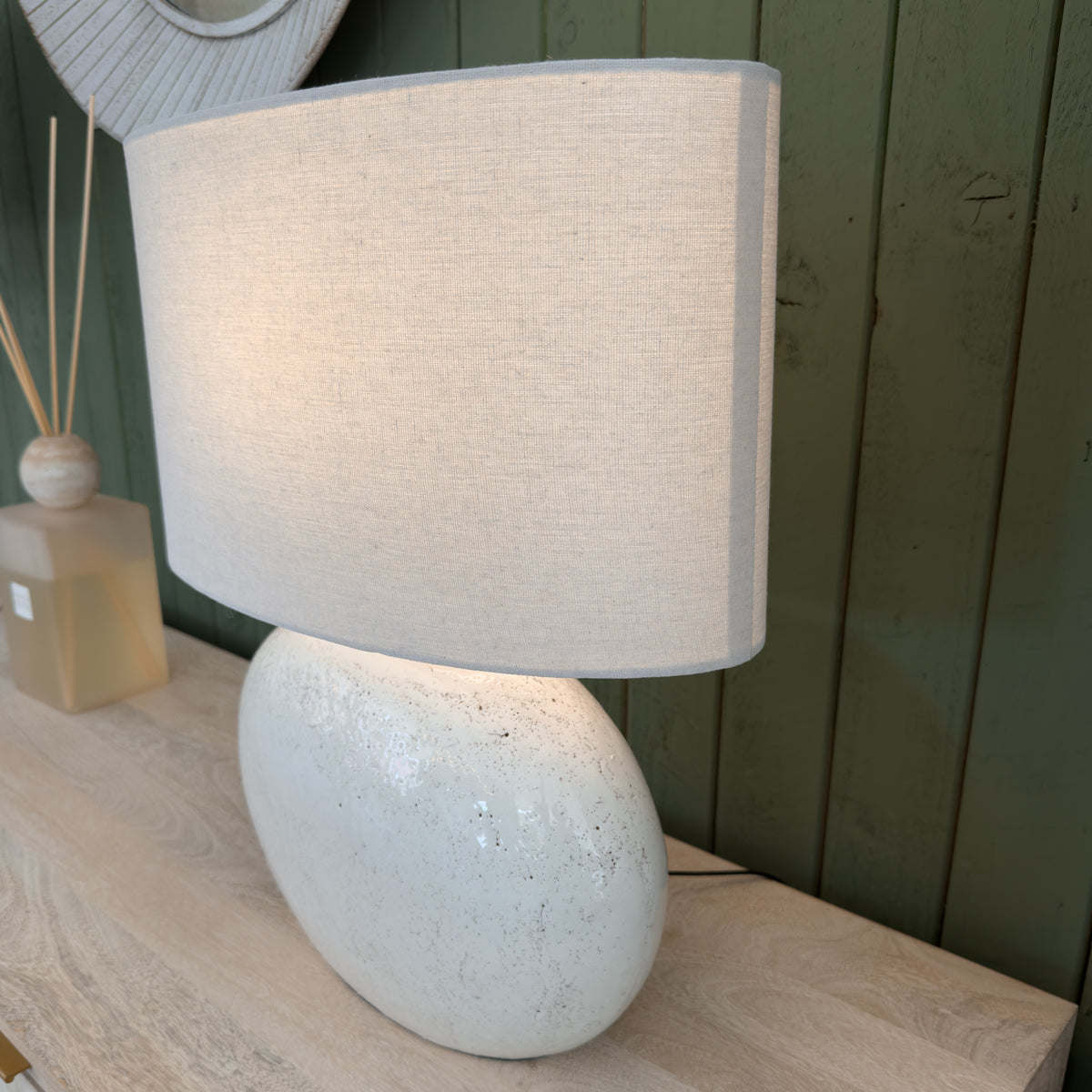 White Distressed Oval Table Lamp