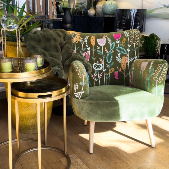 Olive & Multi Flower Embroidered Armchair