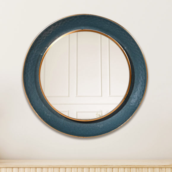 Teal & Gold Framed Round Mirror