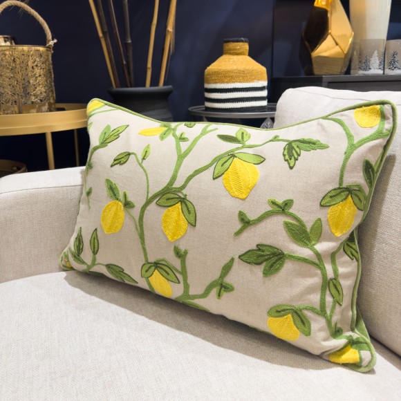 Beige Lemon Embroidered Cushion - 60x40cm