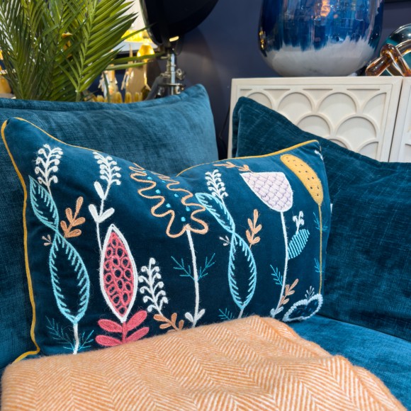 Teal Embroidered Floral Cushion