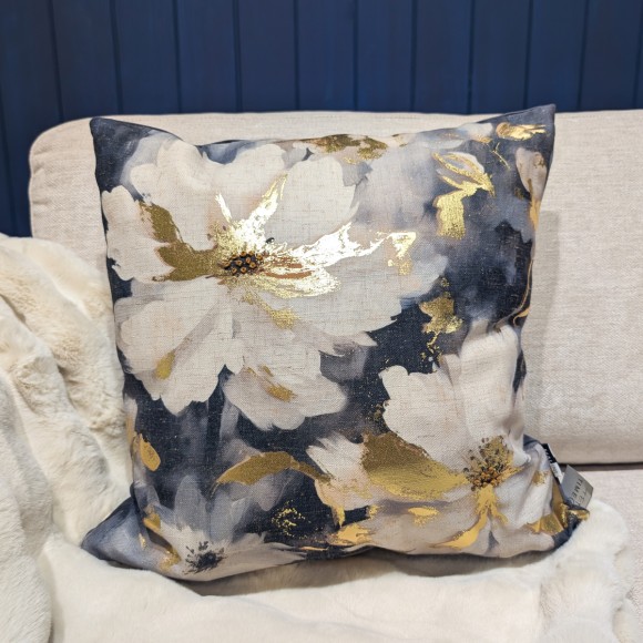 Grey & White Floral Gold Foil Cushion - 45x45cm