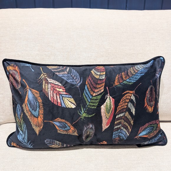 Navy & Multi Embroidered Feather Cushion - 30x50cm