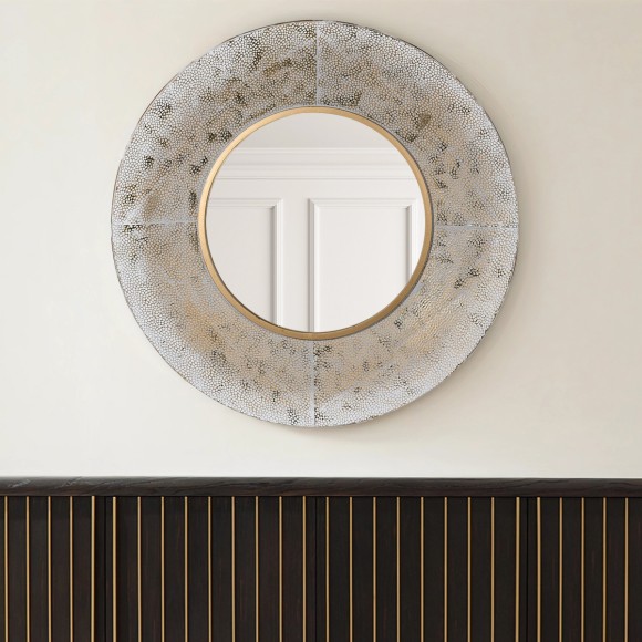 Textured White Wash Gold Circular Mirror