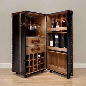 round gold bar trolley with bottles and glasses